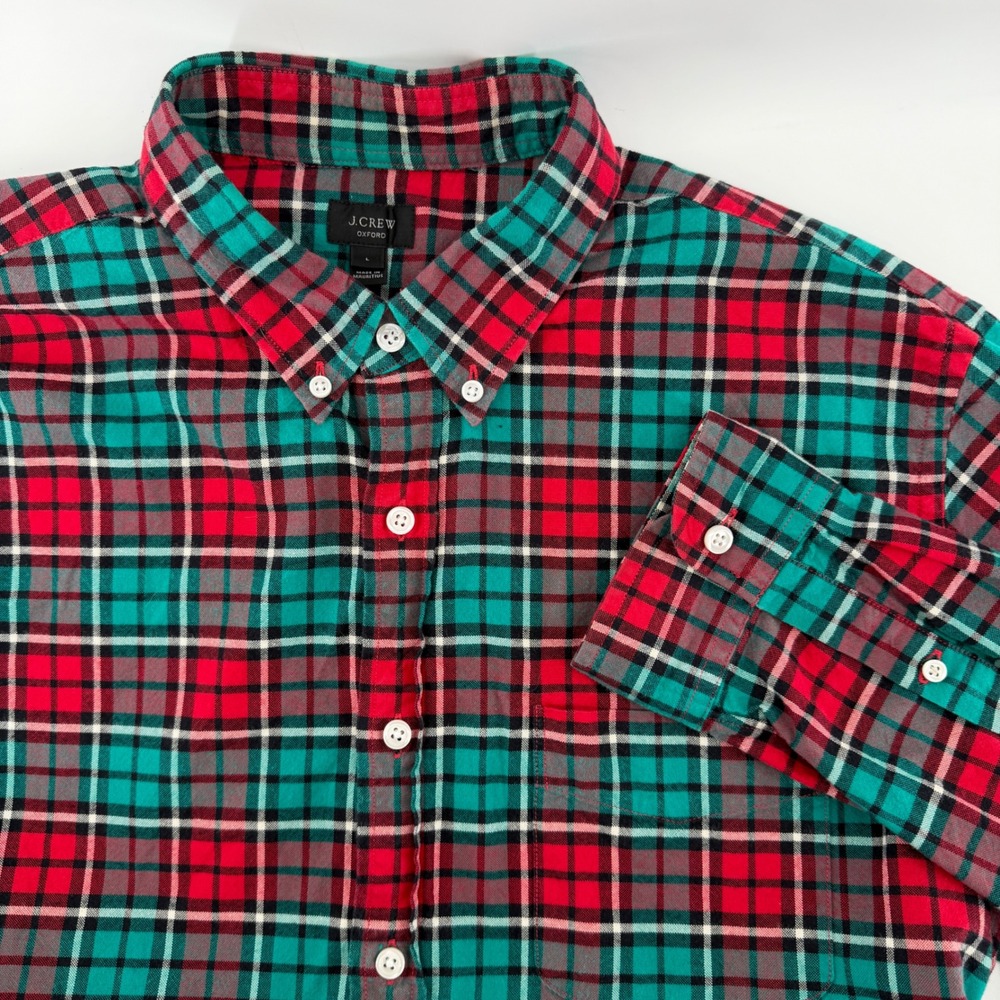 J.Crew Oxford Mens Large Red Teal Plaid Button Down Shirt Long Sleeve Cotton